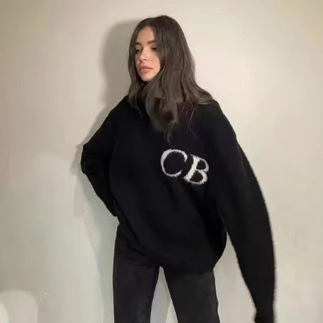 Casual Loose Basic Knit Sweater with CB Letter Crew Neck for Men and Women