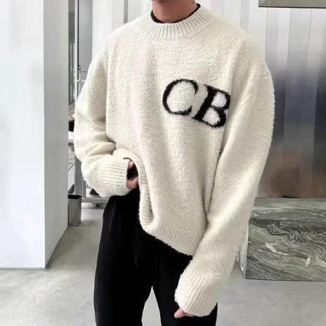 Casual Loose Basic Knit Sweater with CB Letter Crew Neck for Men and Women