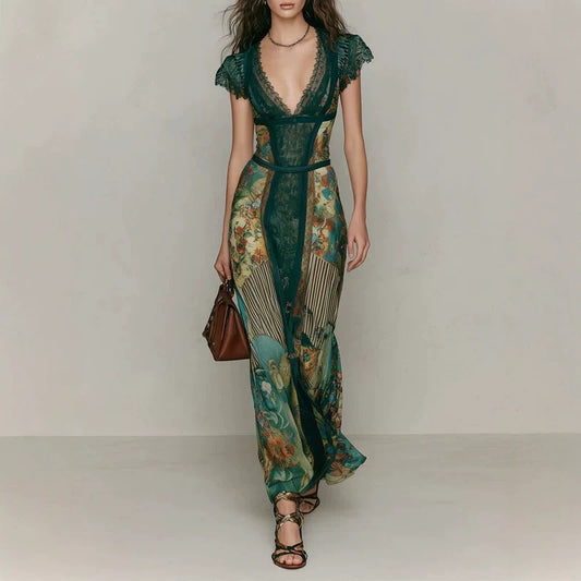 Vintage Emerald Green Lace V-Neck Short Sleeve Patchwork Oil Painting Print Fitted Flared Vacation Fish Tail Long Dress